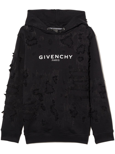 Shop Givenchy Kids Black Hoodie With Logo And Aged Effect Jacquard Embroidery In Nero