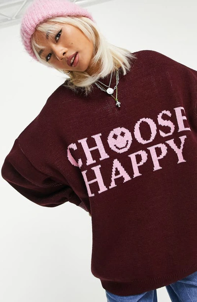 Shop Topshop Choose Happy Intarsia Graphic Sweater In Burgundy