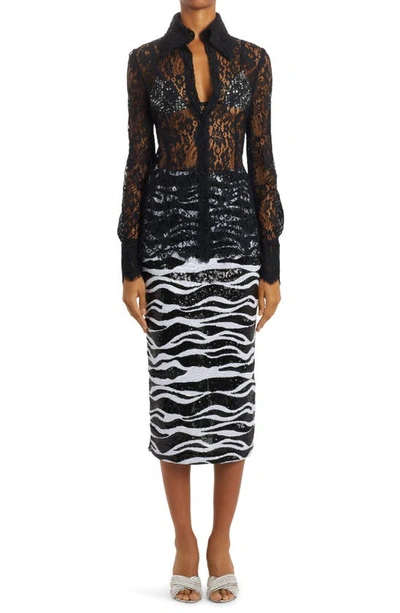 Shop Dolce & Gabbana Sequin Stripe & Lace Midi Pencil Skirt In Black/ Silver