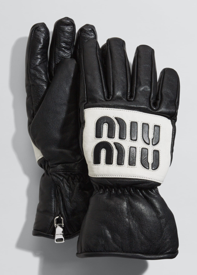 Shop Miu Miu Logo Zip Napa Leather Gloves In F0967 Nero Bianco