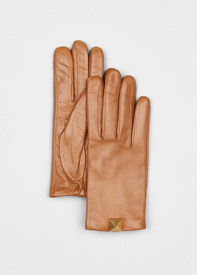 Shop Valentino Roman Stud Cashmere & Lambskin Gloves In A06 Light Cuir