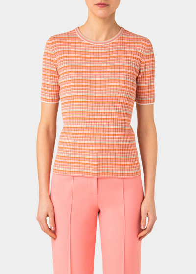 Shop Akris Punto Striped Short-sleeve Merino Wool Rib Pullover In Pink Orange Cord