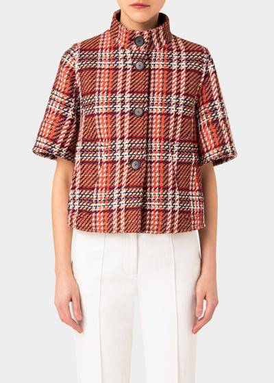 Shop Akris Punto Check Tweed Short-sleeve A-line Crop Jacket In Multicolor Orange