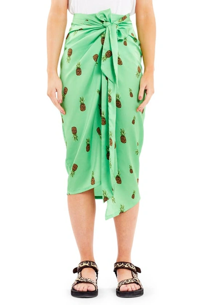 Never Fully Dressed Satin Wrap Midi Skirt In Green Leopard Pineapple Print Part Of A Set ModeSens