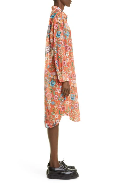 Shop Junya Watanabe Print Long Sleeve Cotton Voile Shirtdress In Orange/ Blue/ White