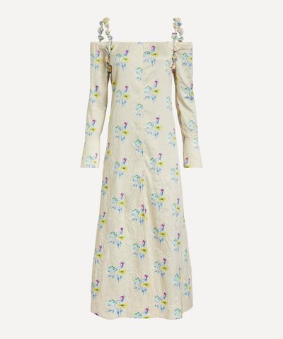 Ganni Off-shoulder Ruffle Strap Floral Print Long Dress In Floral Rutabaga