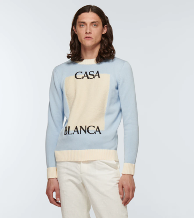 Shop Casablanca Cotton Crewneck Sweater In Light Blue