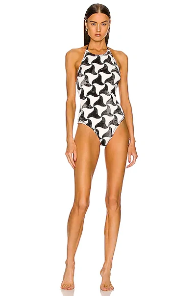 Shop Bottega Veneta Wavy Triangle Crinkle Swimsuit In Black & White