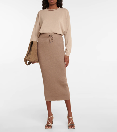 Shop Brunello Cucinelli Cashmere And Silk-blend Midi Skirt In Pine Bark