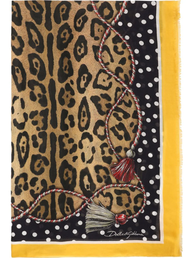 Dolce & Gabbana Leopard-print Frayed Scarf In Brown