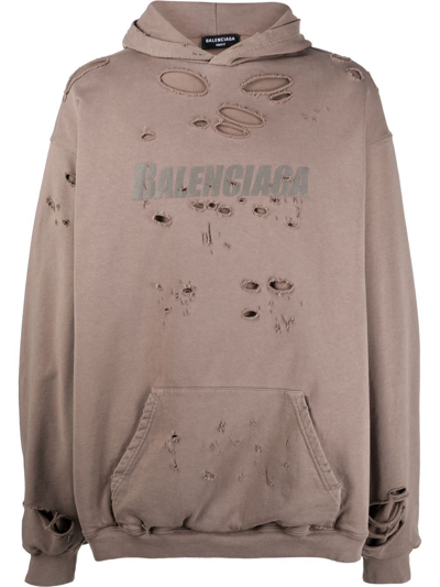 Shop Balenciaga Logo Print Distressed-finish Hoodie In Grau