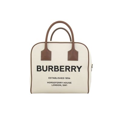 Shop Burberry Cube Horseferry Canvas Satchel Bag In Beige