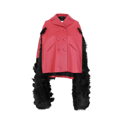 Shop Maison Margiela Faux Fur Trimmed Leather Cape Jacket In Red