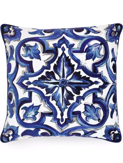 Shop Dolce & Gabbana Mediterraneo Velvet-trim Cushion In Blue