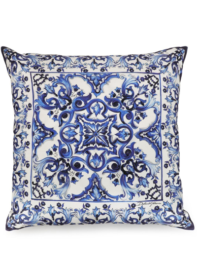 Shop Dolce & Gabbana Mediterraneo Large Silk-twill Cushion In Blue