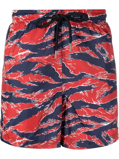 Shop Moncler Patterned Drawstring Swim Shorts In Blau