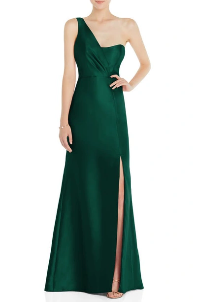 Alfred Sung One-shoulder Satin Twill Trumpet Gown In Hunter Green