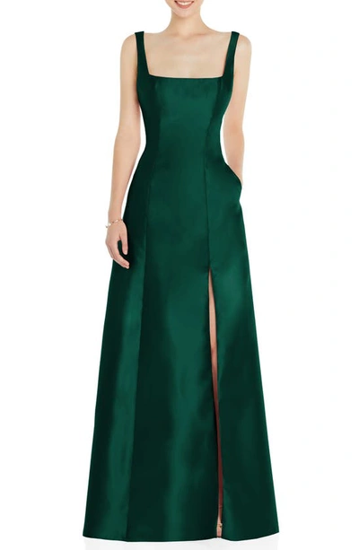 Shop Alfred Sung Square Neck Satin A-line Gown In Hunter Green