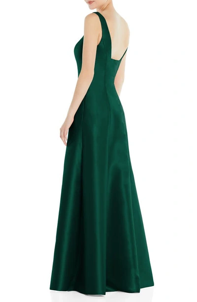Shop Alfred Sung Square Neck Satin A-line Gown In Hunter Green