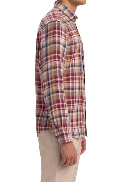 Bugatchi Shaped Fit Plaid Linen Button-up Shirt In Caramel