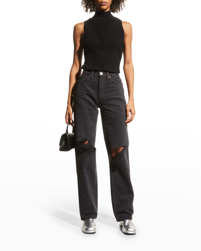 Shop Re/done High-rise Distressed Straight-leg Jeans In Black