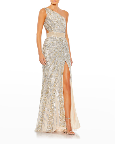 Shop Mac Duggal One-shoulder Sequin Cutout Gown In Nude Silver