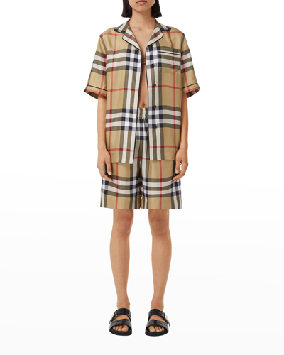 Shop Burberry Tierney Check Mulberry Silk Pajama Shirt In Archive Beige Ip