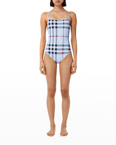 Shop Burberry Delia Check One-piece Swimsuit In Pale Blue Ip Chec