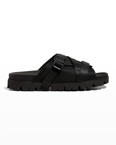 Shop Prada Men's Fusbett Nastro Strappy Buckle Lug-sole Slides In Nero