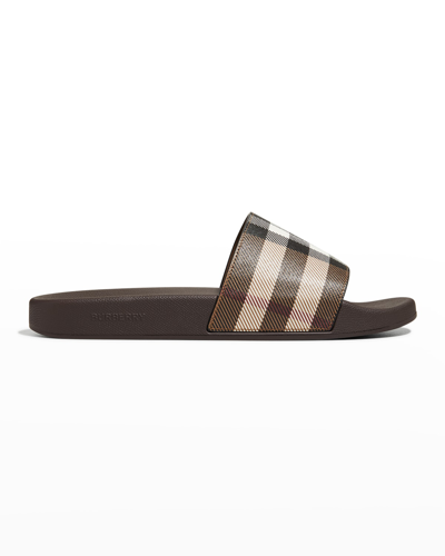 Shop Burberry Men's Furley Check Slides In Dark Birch Brown