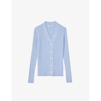 Shop Sandro Gabrielle Ribbed Knitted Cardigan In Bleus