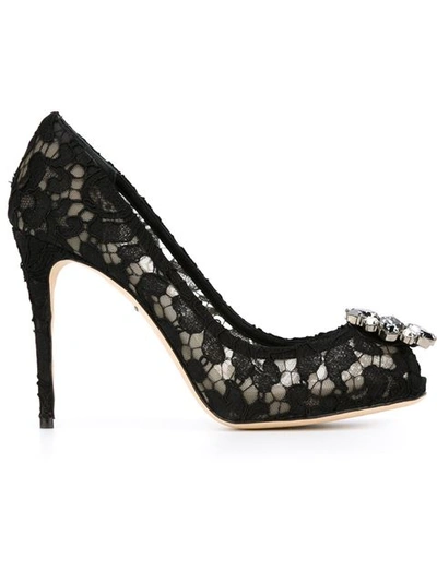 Dolce & Gabbana Taormina Lace Open Toe Court Shoes With Embroidery In Black