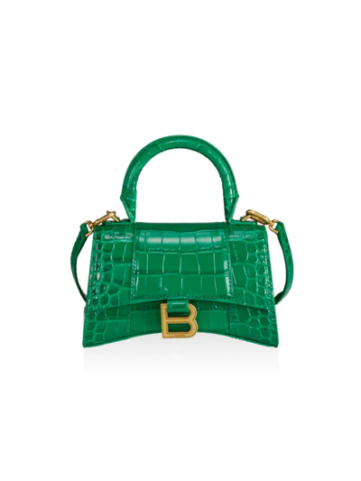 Shop Balenciaga Xs Hourglass Croc-embossed Leather Top Handle Bag In Jade