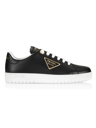 Shop Prada Women's Gold Logo Leather Low-top Sneakers In Black White