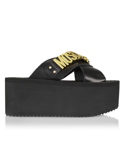 Shop Moschino Women's Logo Cross-strap Platform Sandals In Nero