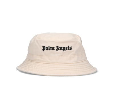 Shop Palm Angels Logo Embroidered Flat Crown Bucket Hat In Beige