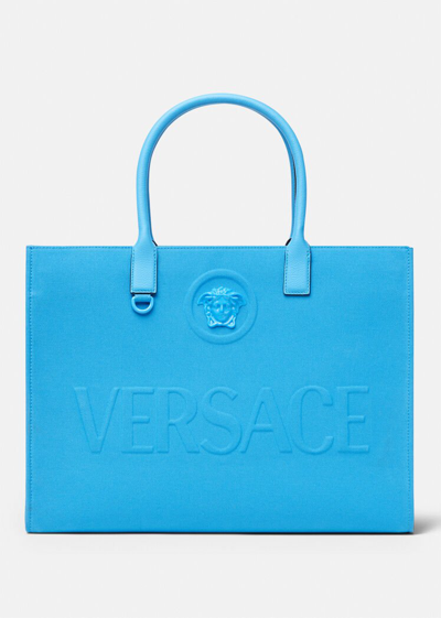 Shop Versace La Medusa Canvas Tote Bag In Dv Blue