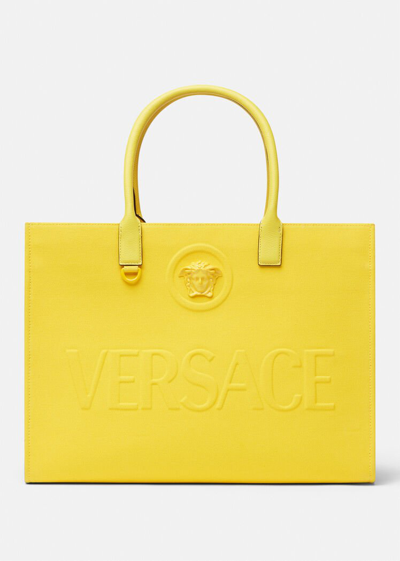 Shop Versace La Medusa Canvas Tote Bag In Yellow