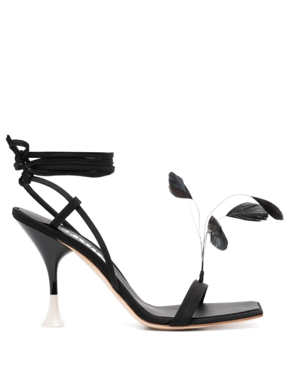 Shop 3juin Feather-trim Square-toe Sandals In Schwarz
