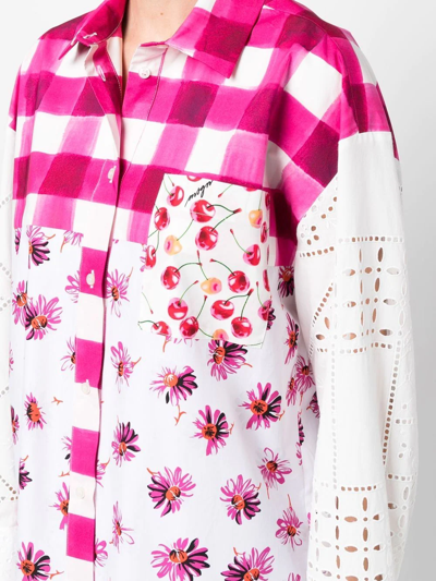 Shop Msgm Checked Floral-print Long-sleeve Shirt In Weiss
