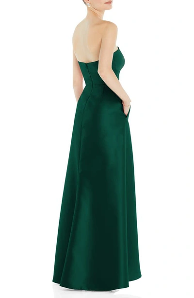 Alfred Sung Strapless Satin Gown With Draped Front Slit And Pockets In Hunter Green