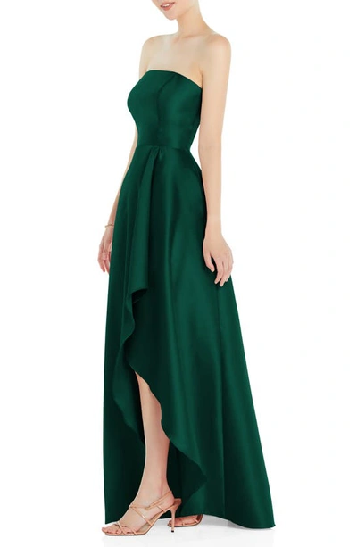 Alfred Sung Strapless Satin Gown With Draped Front Slit And Pockets In Hunter Green