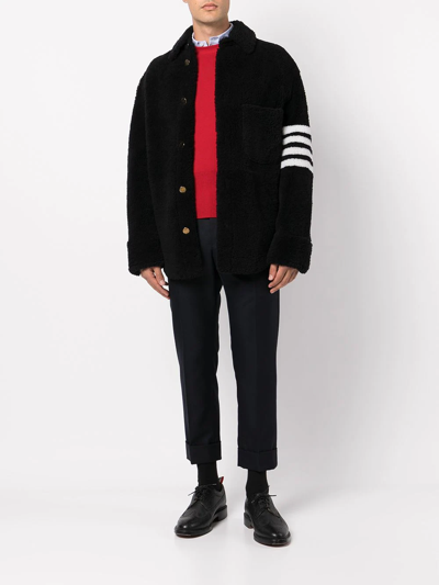 Shop Thom Browne 4-bar Shearling Jacket In Blue