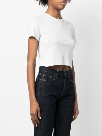 Shop Saint Laurent Logo-embroidered Cropped T-shirt In 9599 -dirty Ecru