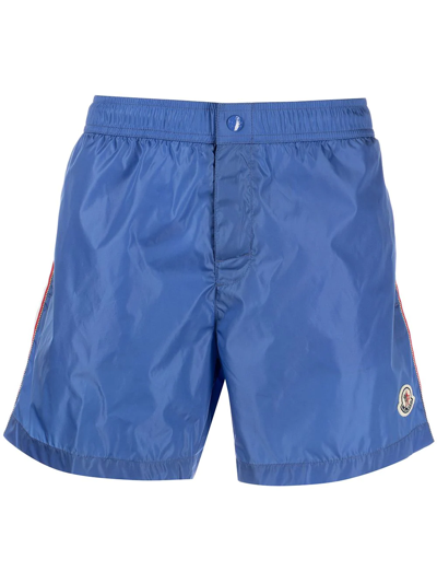 Shop Moncler Logo-patch Striped Swim Shorts In Blau