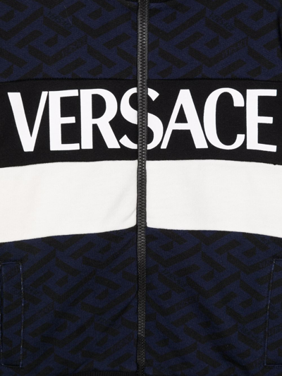 Shop Versace Greca Stripe-logo Zip-up Sweatshirt In Blue