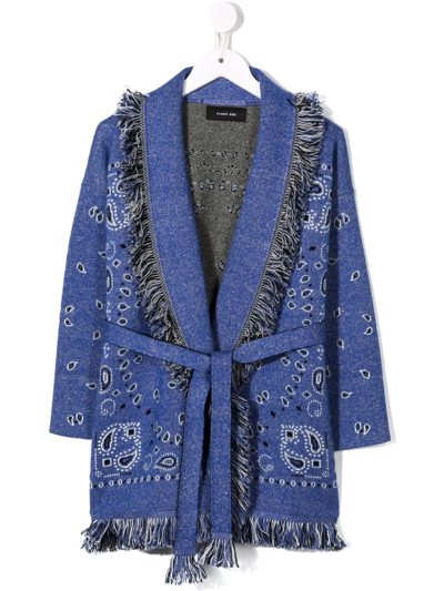 Shop Alanui Bandana-jacquard Belted Cardigan In Blue