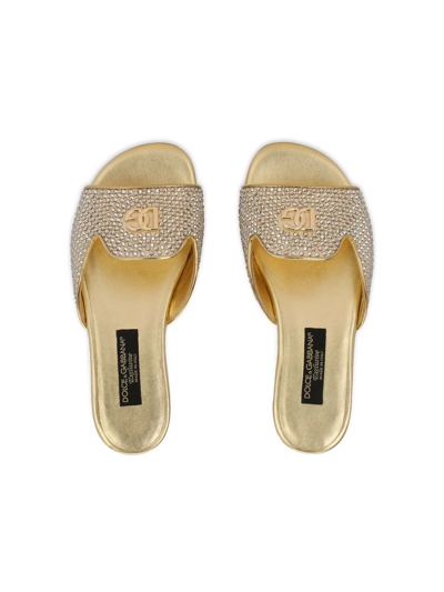 Shop Dolce & Gabbana Dg-logo Rhinestone-embellished Satin Sandals In Gold