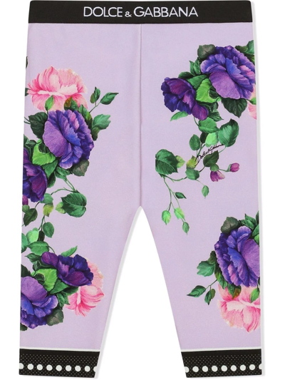 Shop Dolce & Gabbana Floral-print Logo-waist Leggings In Purple