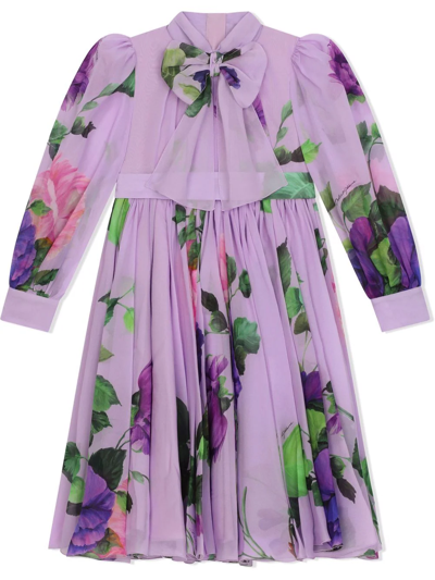 Shop Dolce & Gabbana Floral-print Pussybow Dress In Purple